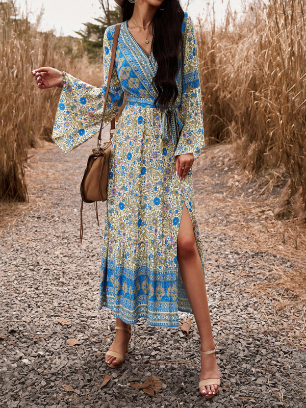 Elegant casual printed V-neck A-line dress-chiquechics