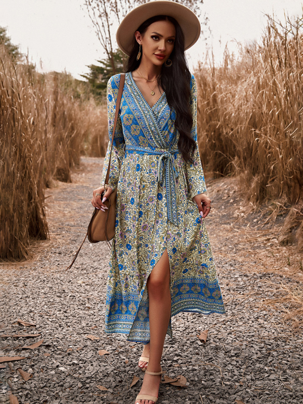 Elegant casual printed V-neck A-line dress-chiquechics