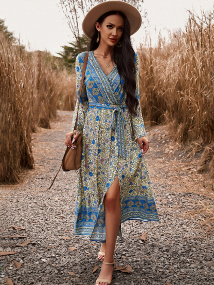 Elegant casual printed V-neck A-line dress-chiquechics