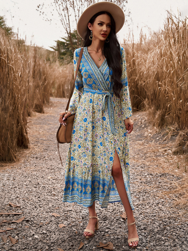 Elegant casual printed V-neck A-line dress-chiquechics