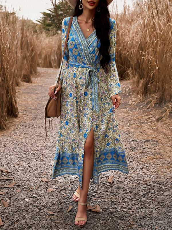 Elegant casual printed V-neck A-line dress-chiquechics