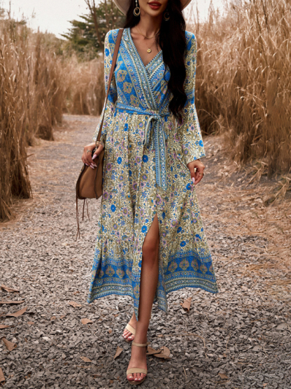 Elegant casual printed V-neck A-line dress-chiquechics