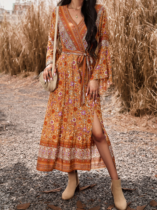 Elegant casual printed V-neck A-line dress-chiquechics