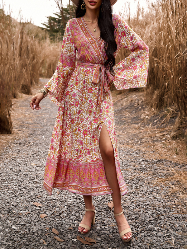Elegant casual printed V-neck A-line dress-chiquechics