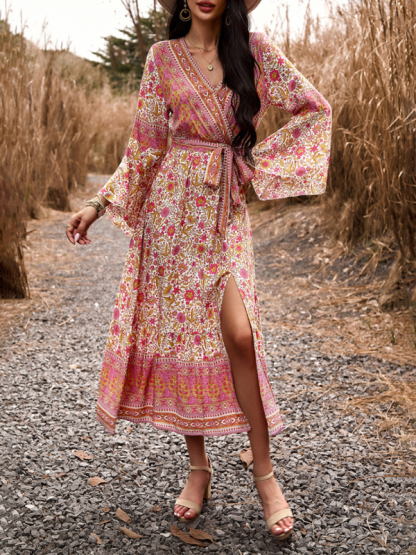 Elegant casual printed V-neck A-line dress-chiquechics