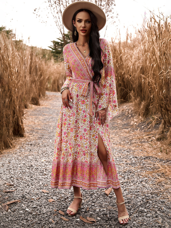 Elegant casual printed V-neck A-line dress-chiquechics
