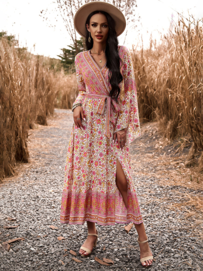 Elegant casual printed V-neck A-line dress-chiquechics