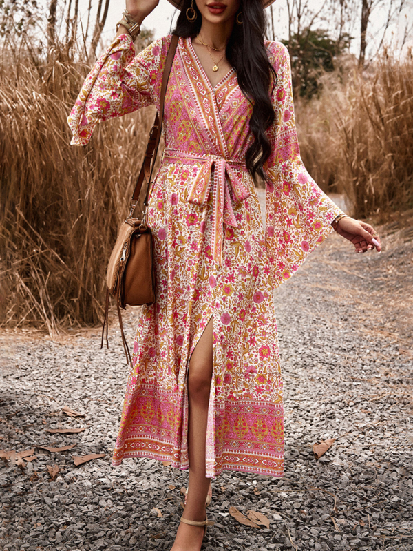 Elegant casual printed V-neck A-line dress-chiquechics