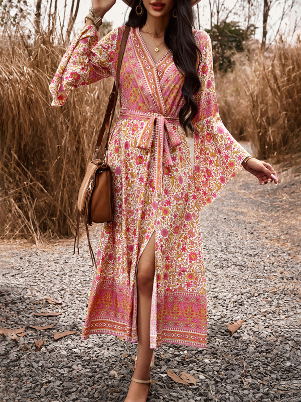 Elegant casual printed V-neck A-line dress-chiquechics