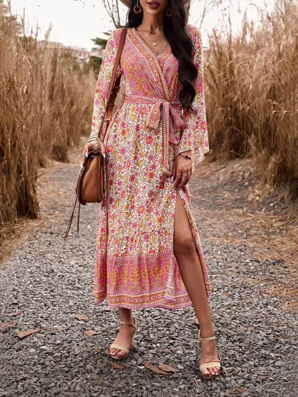 Elegant casual printed V-neck A-line dress-chiquechics