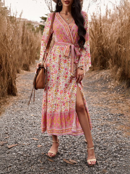 Elegant casual printed V-neck A-line dress-chiquechics