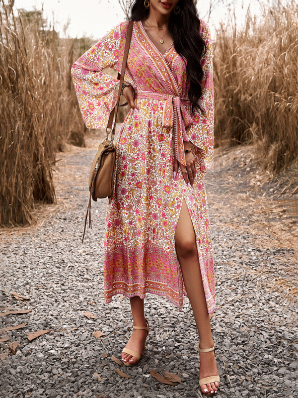 Elegant casual printed V-neck A-line dress-chiquechics