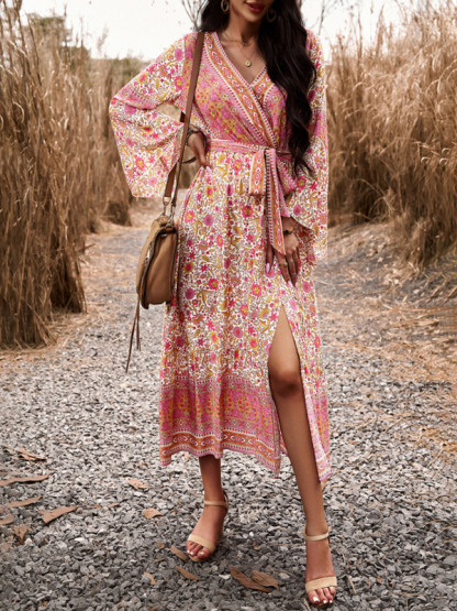 Elegant casual printed V-neck A-line dress-chiquechics