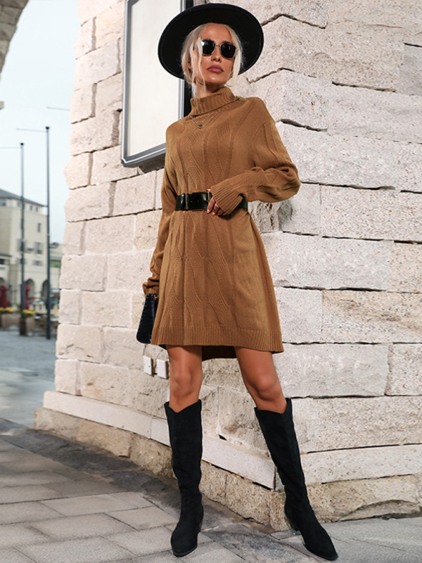 New mid-high collar solid color sweater skirt (belt not included)-chiquechics