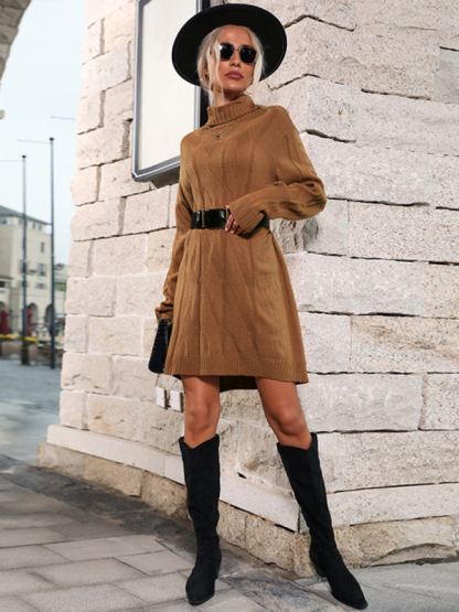 New mid-high collar solid color sweater skirt (belt not included)-chiquechics
