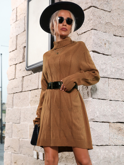 New mid-high collar solid color sweater skirt (belt not included)-chiquechics