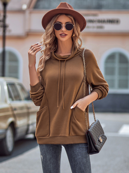 High collar drawstring patchwork loose sweatshirt-chiquechics