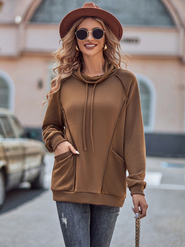 High collar drawstring patchwork loose sweatshirt-chiquechics