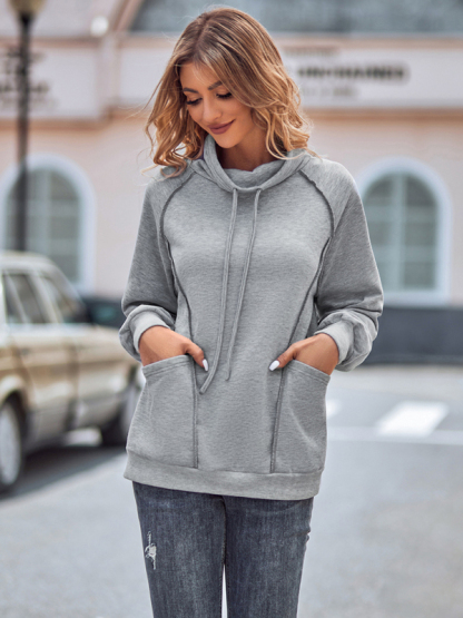 High collar drawstring patchwork loose sweatshirt-chiquechics