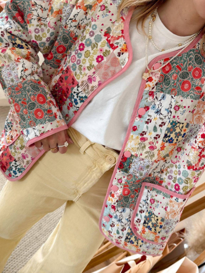Printed round neck thin cotton coat-chiquechics