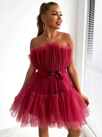 New tube top style mesh temperament bow tutu skirt dress-chiquechics