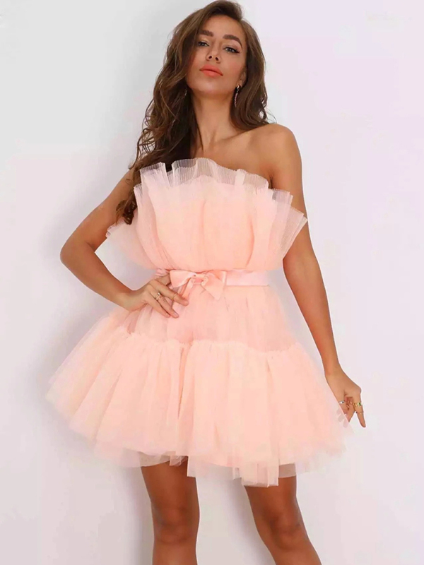 New tube top style mesh temperament bow tutu skirt dress-chiquechics