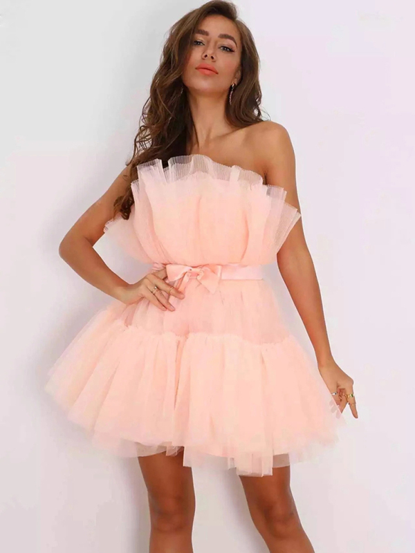 New tube top style mesh temperament bow tutu skirt dress-chiquechics