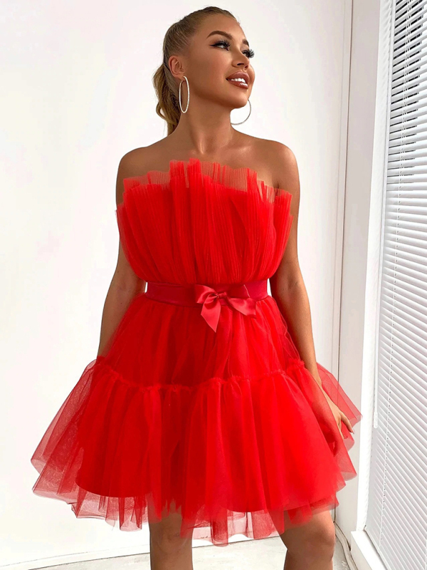 New tube top style mesh temperament bow tutu skirt dress-chiquechics