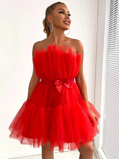 New tube top style mesh temperament bow tutu skirt dress-chiquechics