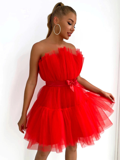 New tube top style mesh temperament bow tutu skirt dress-chiquechics