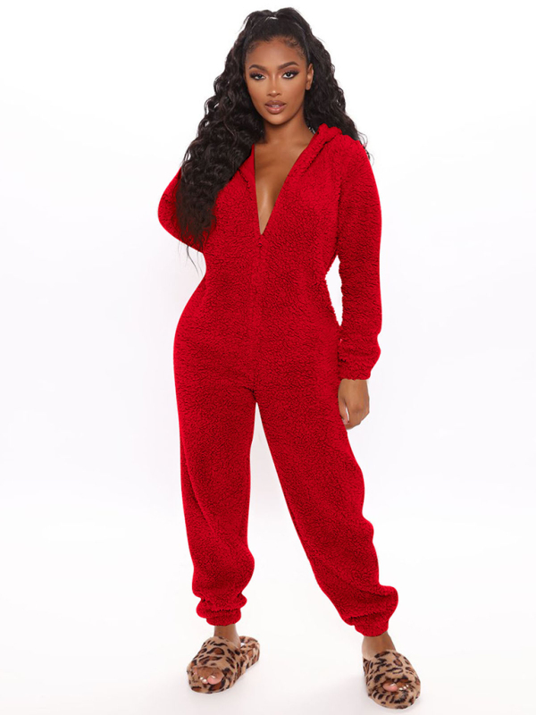 Long Sleeve Hooded Casual Jumpsuit Pants Plush Loungewear-chiquechics