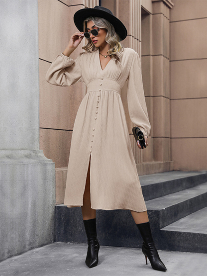 New elegant solid color long sleeve slit dress-chiquechics