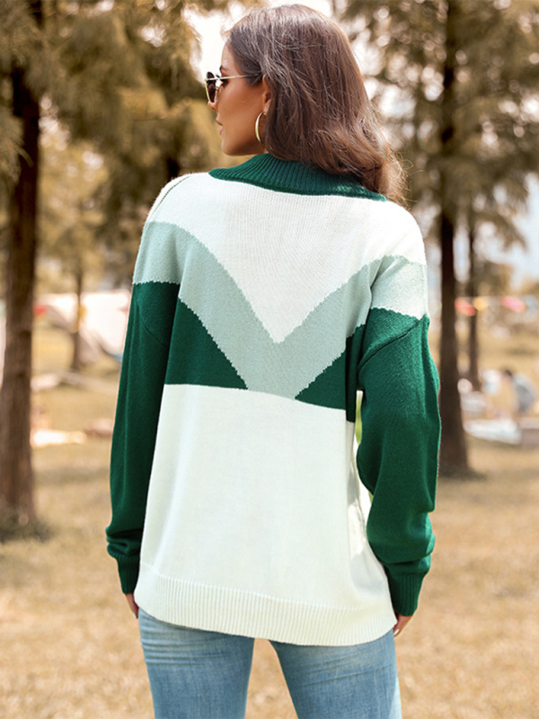 New Color Block Lapel Button Pullover Long Sleeve Sweater-chiquechics