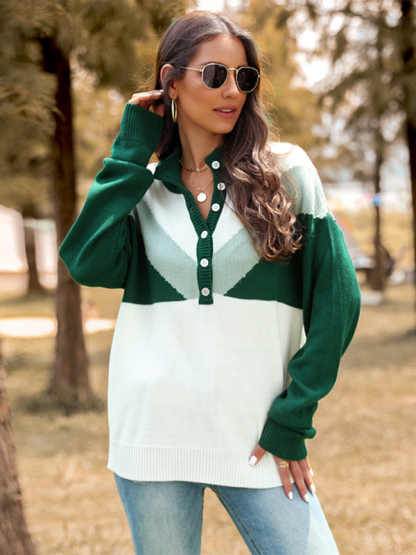 New Color Block Lapel Button Pullover Long Sleeve Sweater-chiquechics