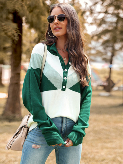 New Color Block Lapel Button Pullover Long Sleeve Sweater-chiquechics
