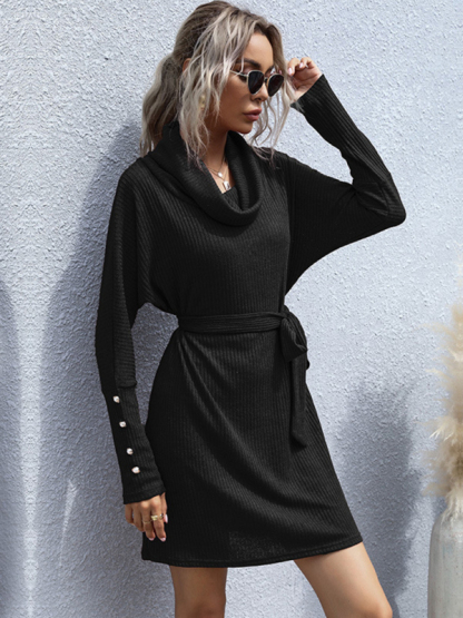 New pile collar solid color bottoming knitted sweater dress with long sleeves-chiquechics