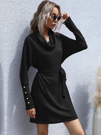 New pile collar solid color bottoming knitted sweater dress with long sleeves-chiquechics