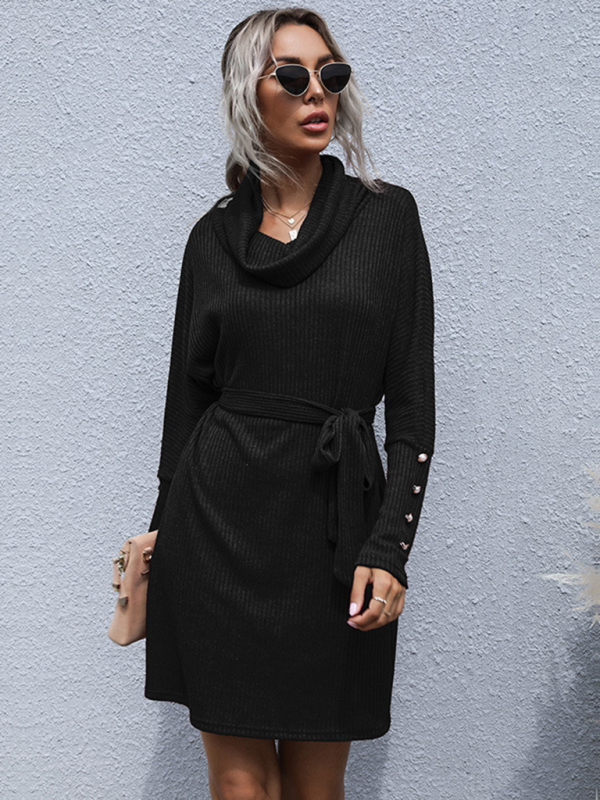 New pile collar solid color bottoming knitted sweater dress with long sleeves-chiquechics