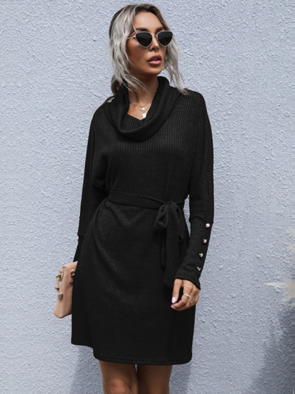 New pile collar solid color bottoming knitted sweater dress with long sleeves-chiquechics