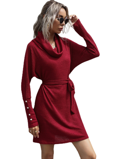 New pile collar solid color bottoming knitted sweater dress with long sleeves-chiquechics
