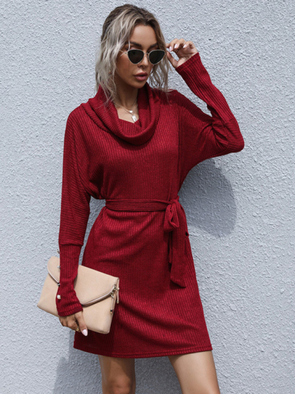 New pile collar solid color bottoming knitted sweater dress with long sleeves-chiquechics