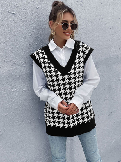 New loose houndstooth v-neck knitted vest-chiquechics