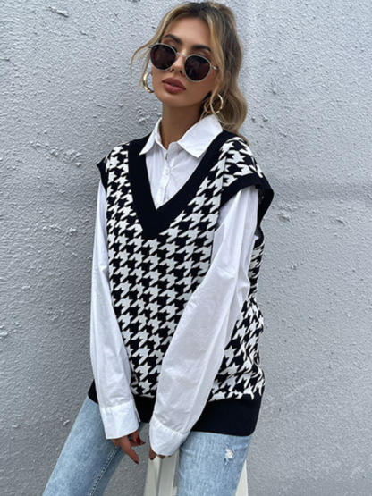 New loose houndstooth v-neck knitted vest-chiquechics