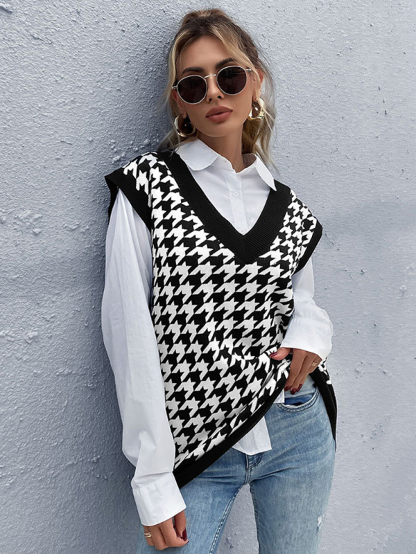 New loose houndstooth v-neck knitted vest-chiquechics