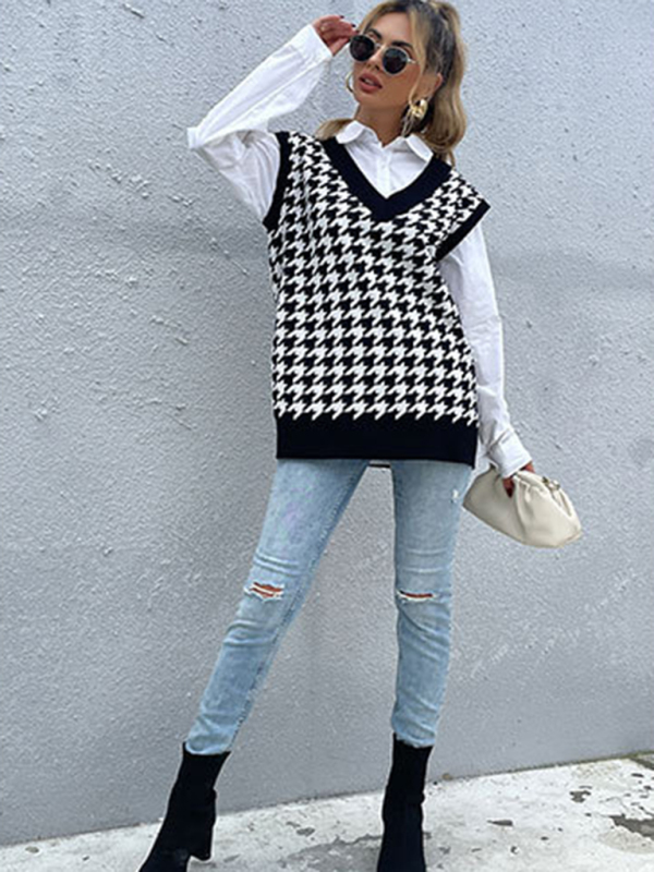 New loose houndstooth v-neck knitted vest-chiquechics