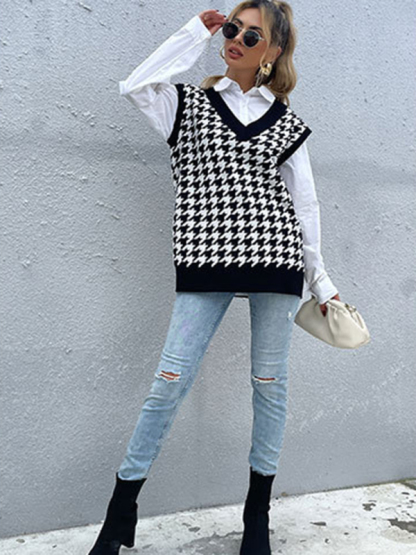 New loose houndstooth v-neck knitted vest-chiquechics