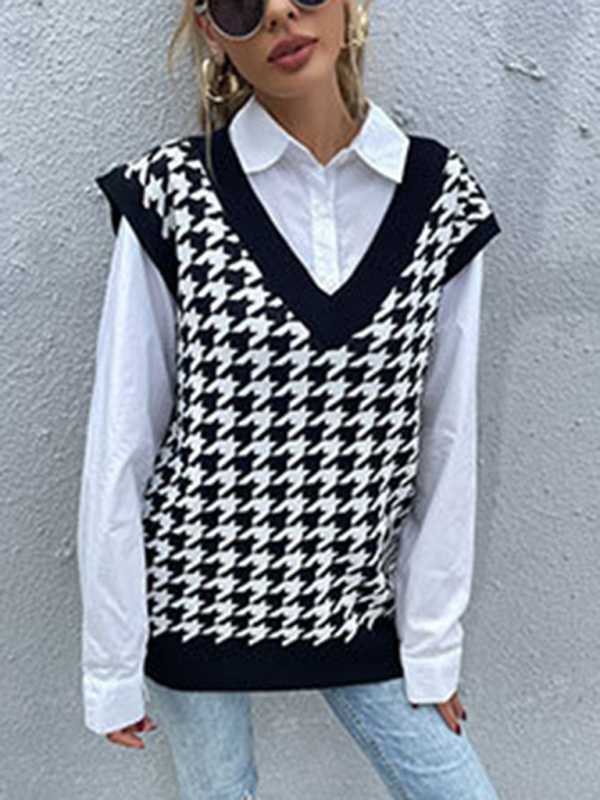 New loose houndstooth v-neck knitted vest-chiquechics
