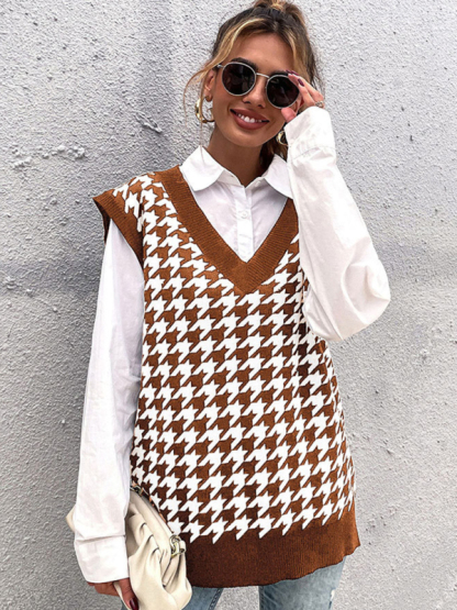 New loose houndstooth v-neck knitted vest-chiquechics