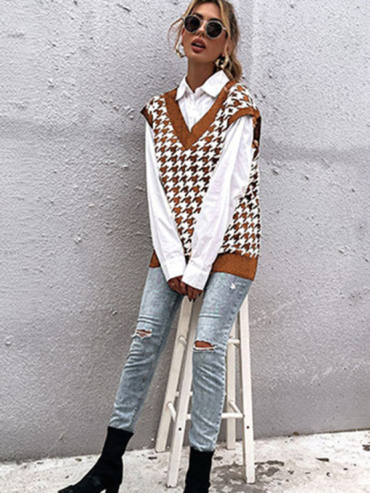 New loose houndstooth v-neck knitted vest-chiquechics