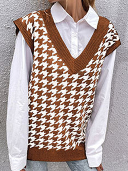 New loose houndstooth v-neck knitted vest-chiquechics